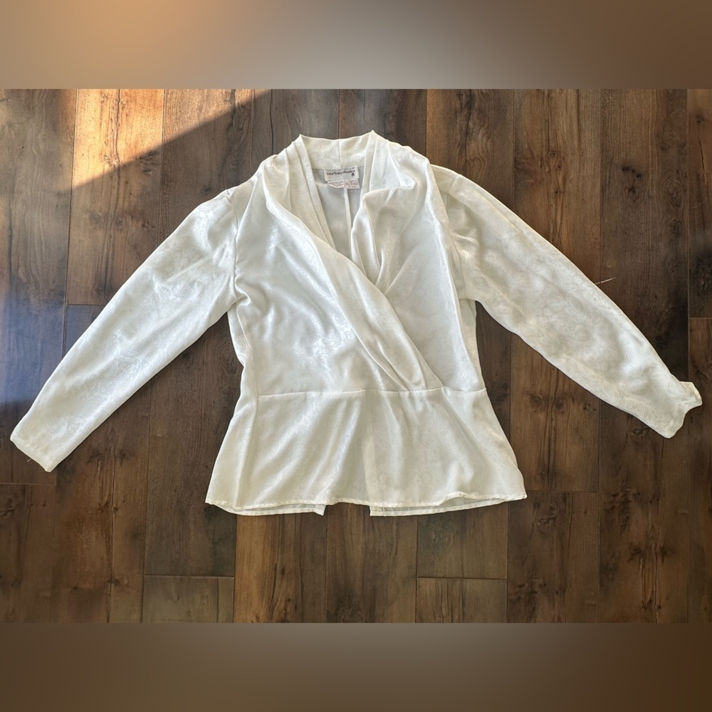Vintage Courtney Rhodes Ivory Jacquard Wrap Blouse Petite 8 Wedding Top